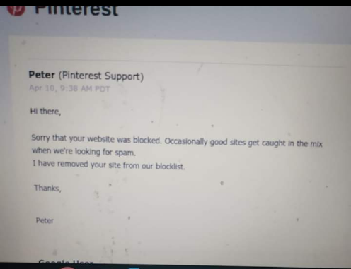 email from Pinterest support on suspended Pinterest Account 