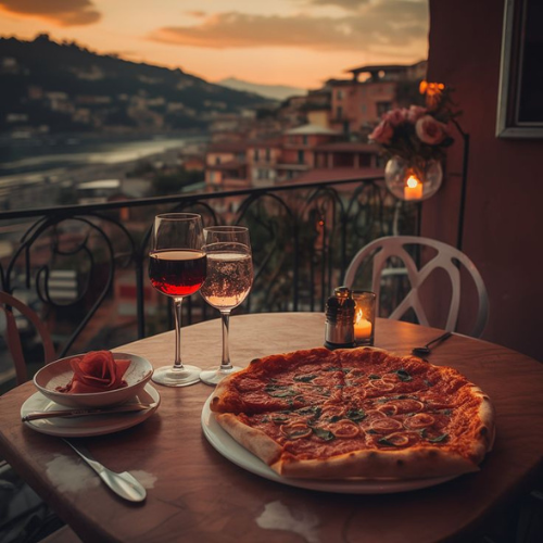 A romantic dinner setup on a balcony featuring a pizza, wine, and candlelight, perfect for an intimate at-home date night.